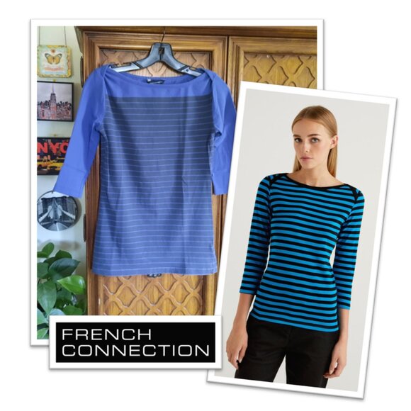 French Connection | Striped Banteau Boatneck Tee w Stretch! - Navy/Blue, Size XS - Picture 14 of 14